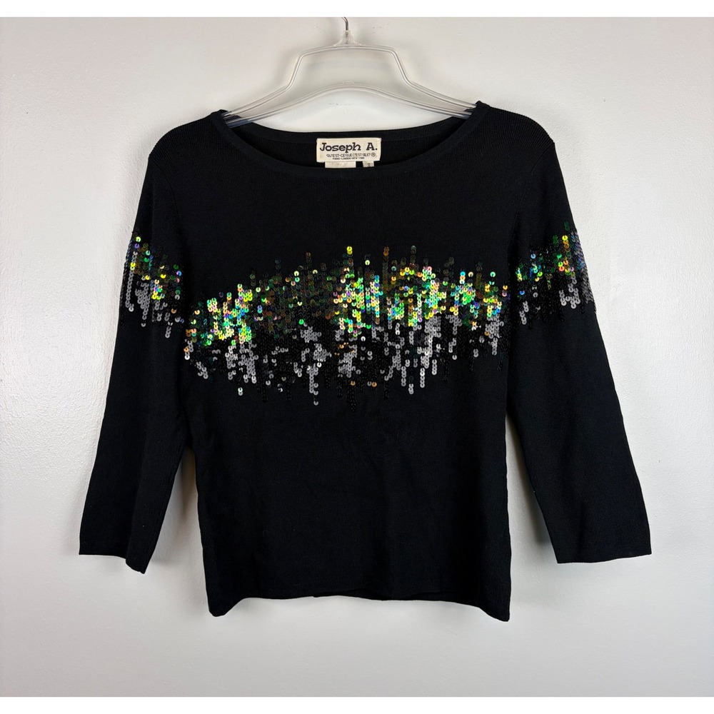 Joseph A Black Sequin 3/4 Sleeve Sweater Small Glam Sparkly Stretch Whimsigoth